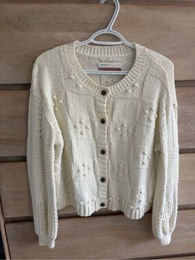 Anthropologie Cream Textured Bobble Knit Button-Front Cardigan